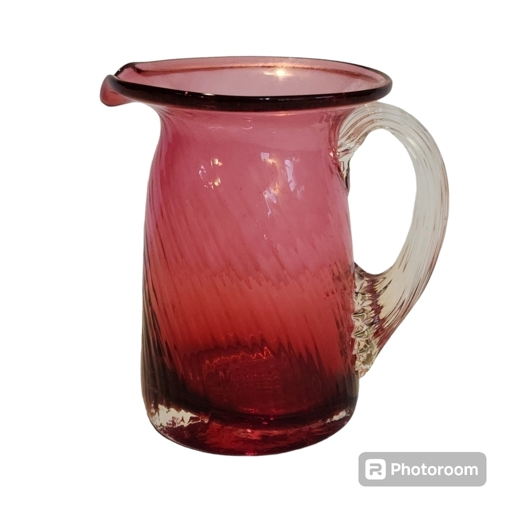 Hand Blown Cramberry Glass Creamer Syrup Pink Small Pitcher Swirl Optic